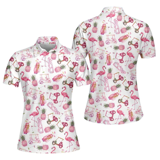 Flamingo Pineapple Women's Golf Polo Shirt, Flamingo Golf Shirt For Ladies GE0367