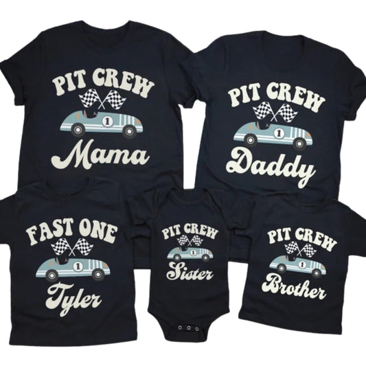 Custom Pit Crew Fast One Matching Family T Shirts For First Birthday, Custom Racing 1st Birthday Family Shirts ET0492