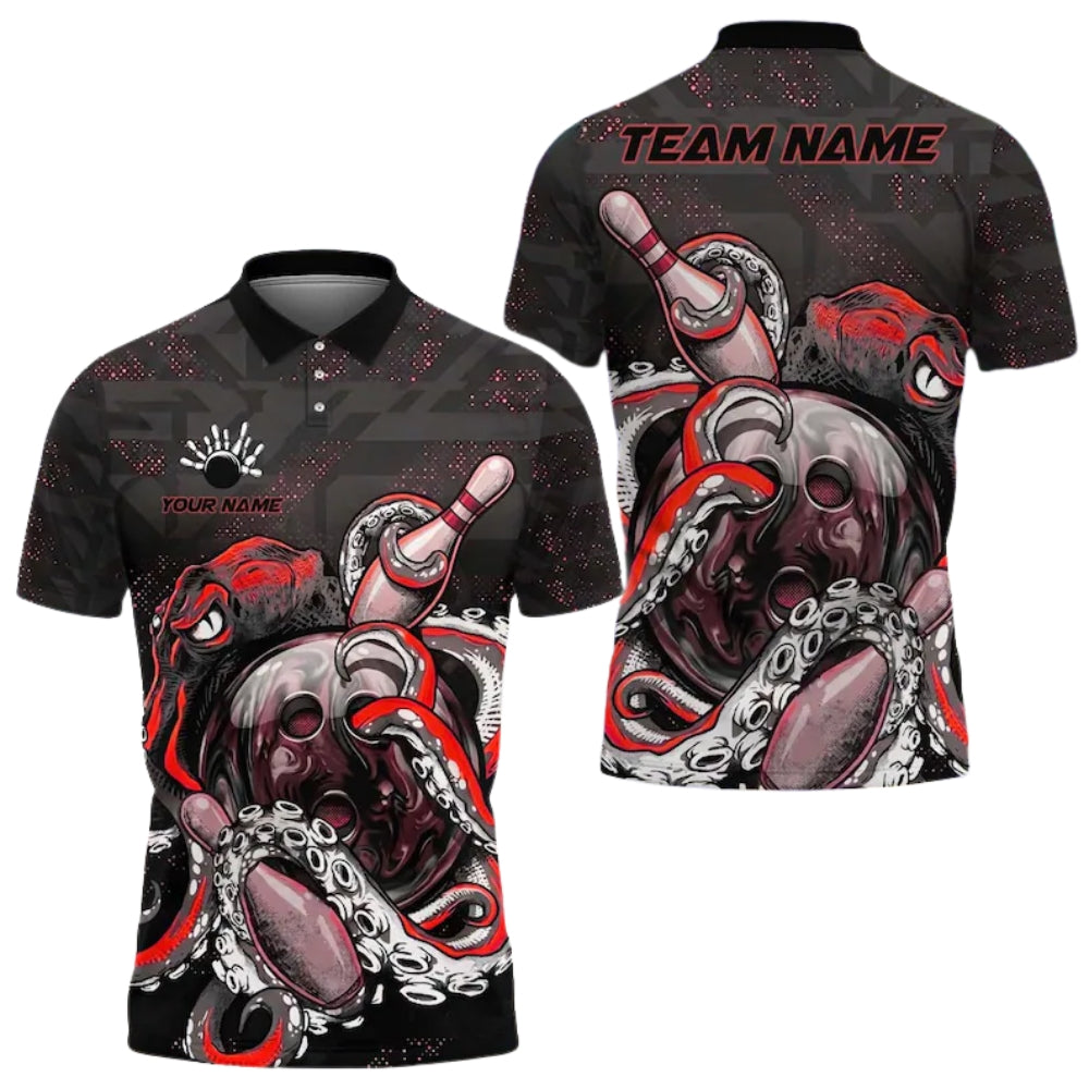 Custom Octopus Black And Gold Bowling Polo Shirt Mens, Custom Octopus Bowling Team Shirts BE0163