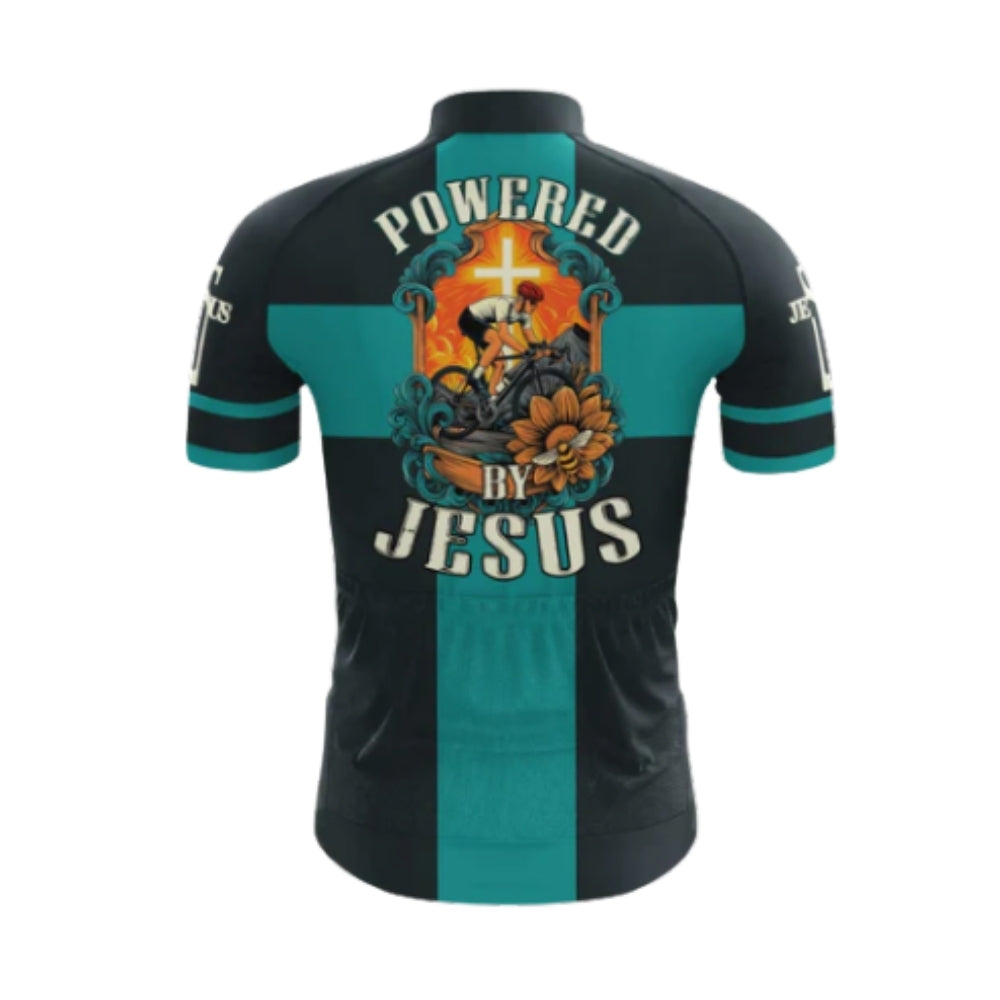 Powered By Jesus Black And Cyan Cycling Short Sleeve Men's Jersey, Christian Cycling Jerseys CG0529
