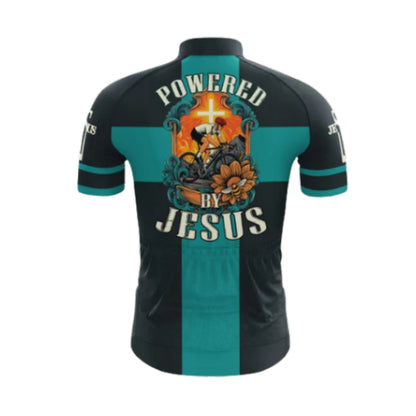 Powered By Jesus Black And Cyan Cycling Short Sleeve Men's Jersey, Christian Cycling Jerseys CG0529