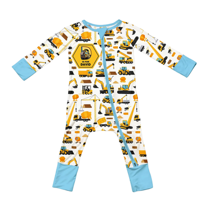Personalized Excavator Baby Convertible Zippy Romper, Custom Construction Baby Romper Convertible BB0657
