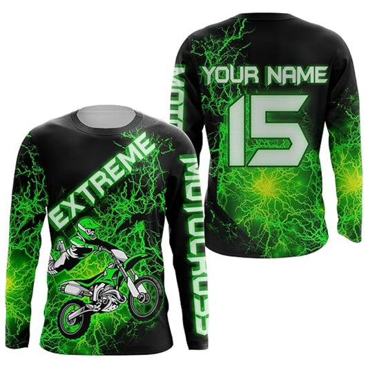 Custom Thunder Lightning Green Motocross Long Sleeve Men Jersey, Custom Thunder Motocross Shirts MZ0054