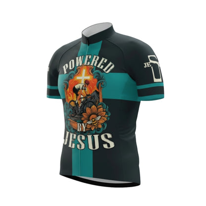 Powered By Jesus Black And Cyan Cycling Short Sleeve Men's Jersey, Christian Cycling Jerseys CG0529