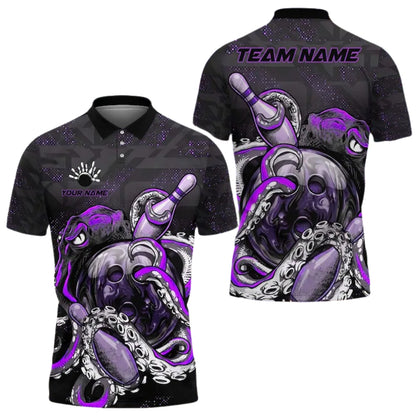 Custom Octopus Black And Gold Bowling Polo Shirt Mens, Custom Octopus Bowling Team Shirts BE0163