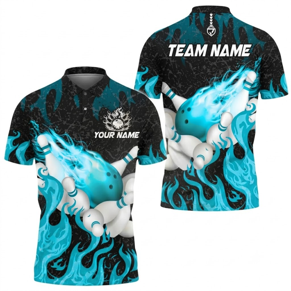 Custom Black And Cyan Flame Bowling Polo Shirt Mens, Custom Flame Team Bowling Shirts BZ0745