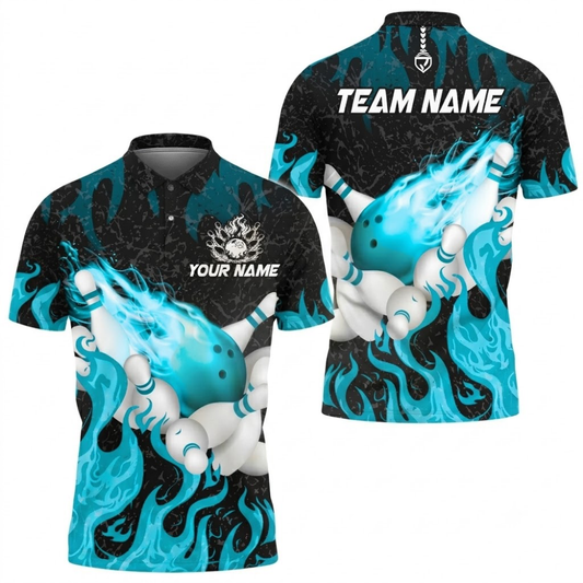 Custom Black And Cyan Flame Bowling Polo Shirt Mens, Custom Flame Team Bowling Shirts BZ0745