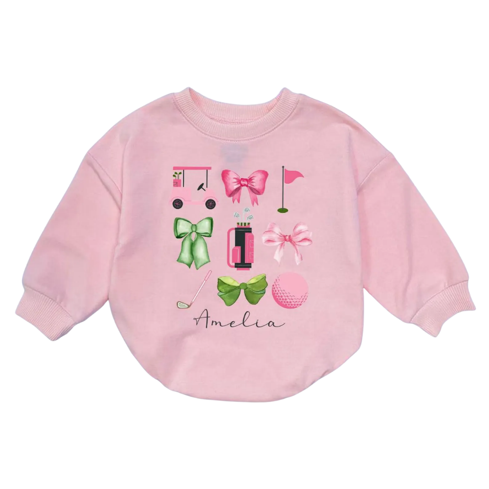 Custom Name Cute Golf Bow Baby Girl Romper Sweatshirt, Custom Golf Baby Romper Sweatshirt BB0113