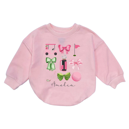 Custom Name Cute Golf Bow Baby Girl Romper Sweatshirt, Custom Golf Baby Romper Sweatshirt BB0113