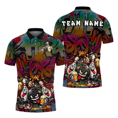 Custom Graffiti Funny Bowling Ball Drinking Beer Polo Shirts Mens, Custom Beer Graffiti Bowling Team Shirts BZ1056