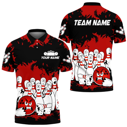 Custom Angry Ball And Scary Pins Men's Bowling Polo Shirt Black Red, Custom Funny Bowling Team Shirts BE0212