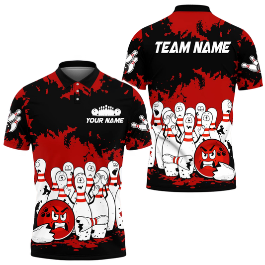 Custom Angry Ball And Scary Pins Men's Bowling Polo Shirt Black Red, Custom Funny Bowling Team Shirts BE0212