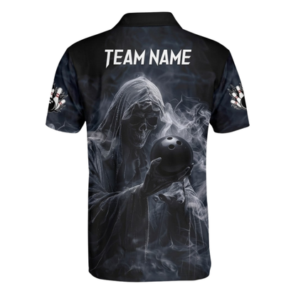 Custom Grim Reaper Bowling Black Polo Shirts For Men, Custom Skull Team Bowling Shirts BZ1091