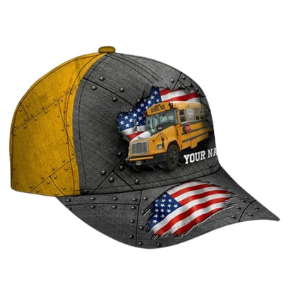 Custom School Bus USA Flag Basball Cap, Custom Name Bus Driver 3D Printed Cap CP0453
