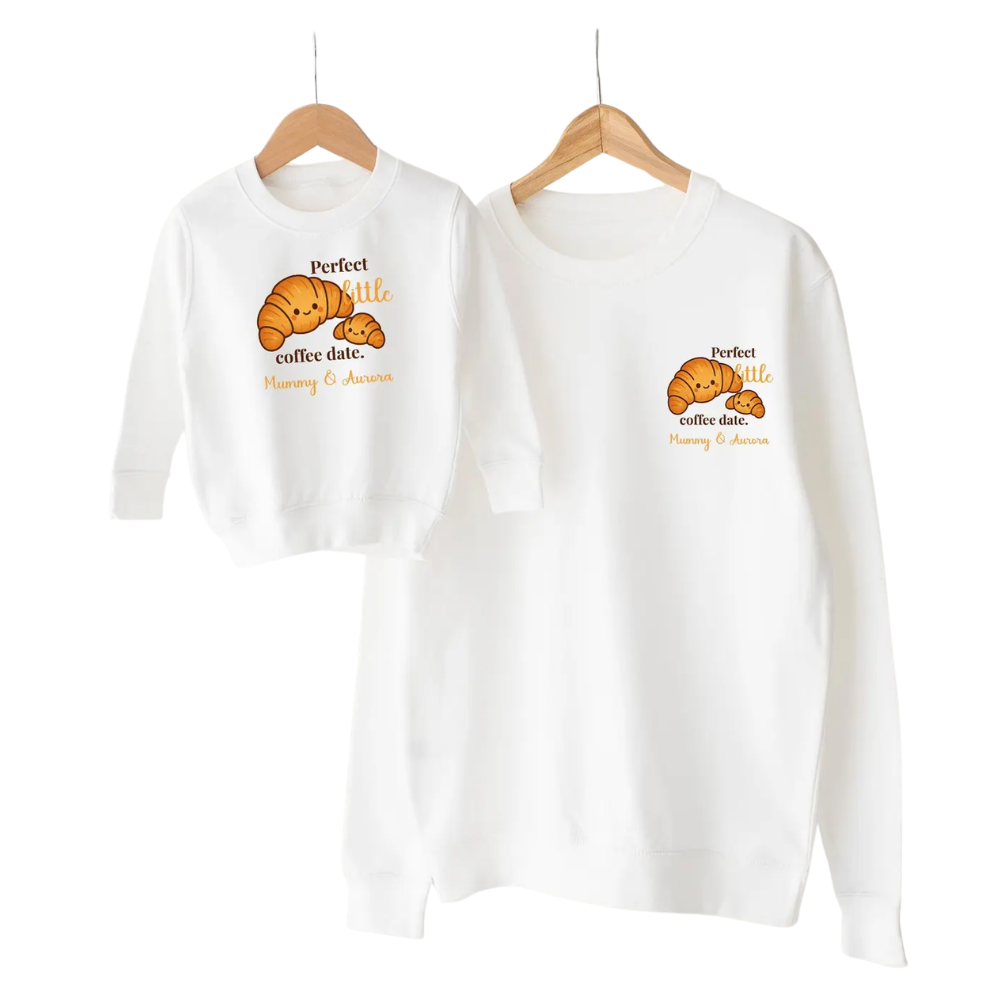 Perfect Little Coffee Date Matching Croissant Sweatshirt For Mom And Baby, Custom Croissant Mommy And Me Sweatshirts ET1446