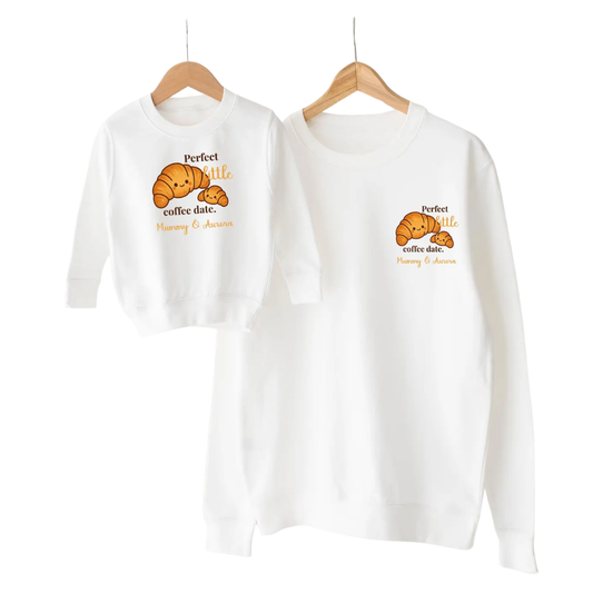 Perfect Little Coffee Date Matching Croissant Sweatshirt For Mom And Baby, Custom Croissant Mommy And Me Sweatshirts ET1446