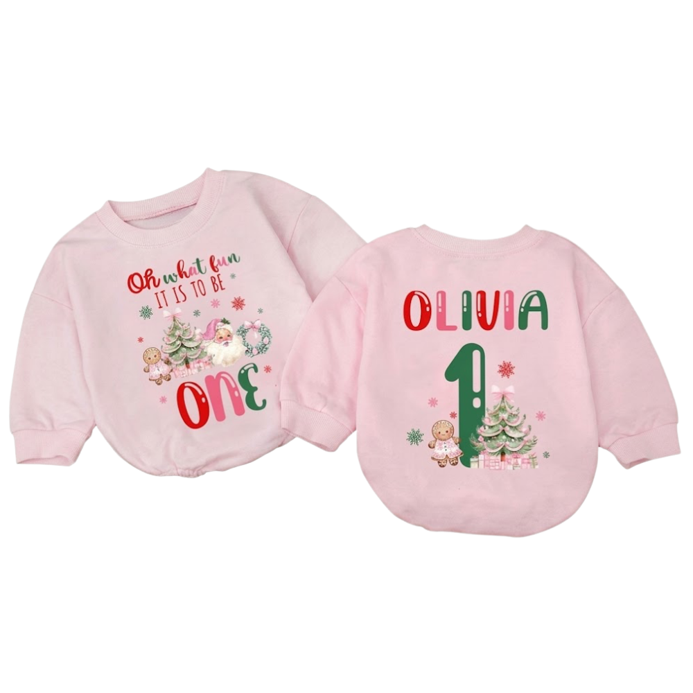 Oh What Fun To Be One Custom Christmas Baby Romper Sweatshirt, Custom First Birthday Xmas Romper Sweatshirt For Baby BB0526