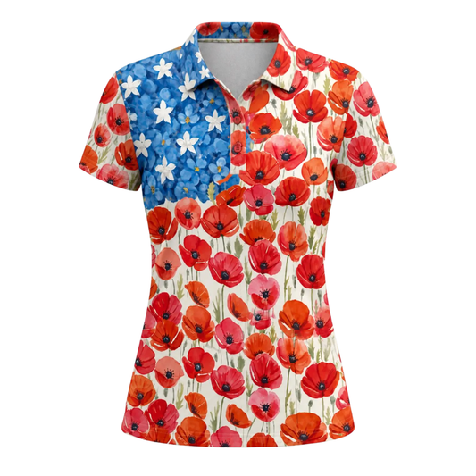 American Flag Flowers Women's Golf Polo Shirt, Patriotic Floral Golf Shirt For Women GE0469