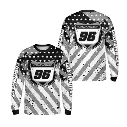 Custom Red White And Blue USA Flag Dirt Bike Long Sleeve Shirt For Men, Custom Patriotic Dirt Bike Jerseys Shirt ME0026