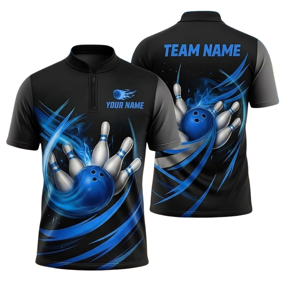 Custom Team Black Cyan Bowling Jersey For Men, Custom Bowling Shirt BZ0764