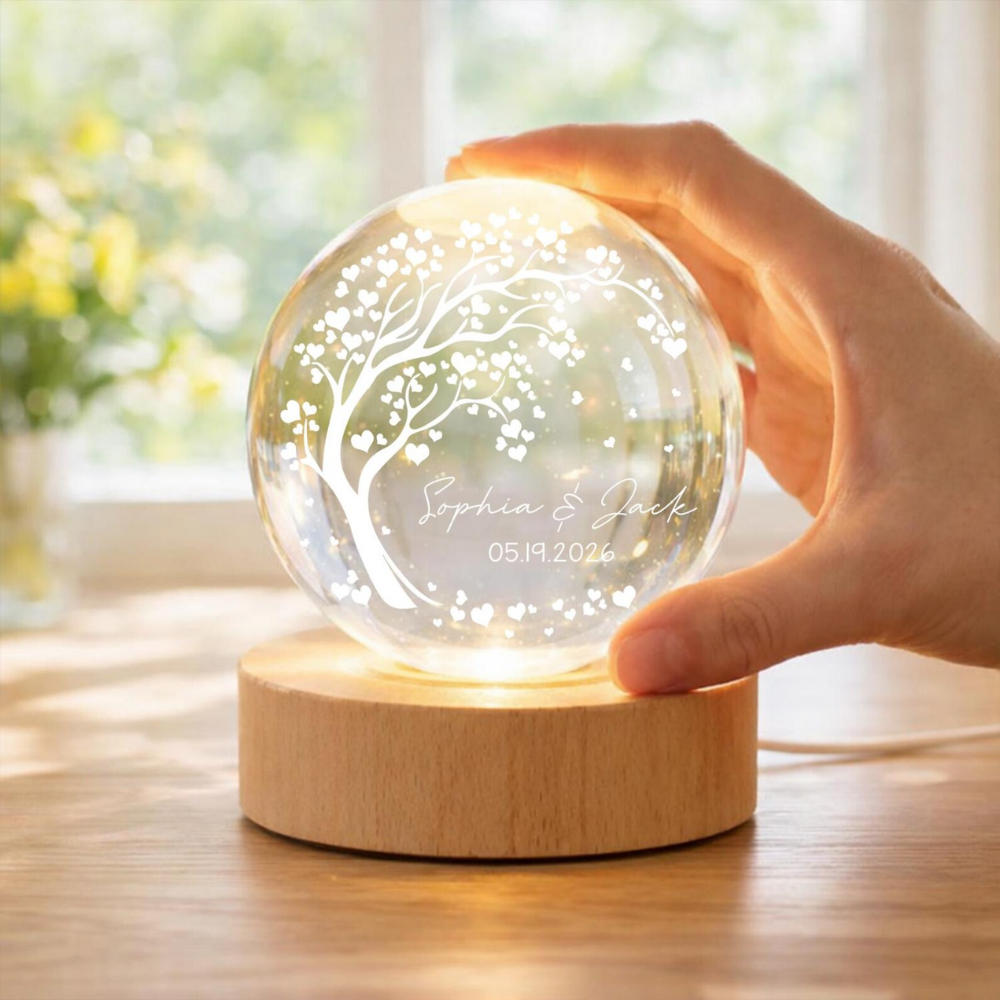 Custom Couple Name And Date Tree Crystal Ball Led Night Light, Custom Wedding Anniversary Night Light WD0855