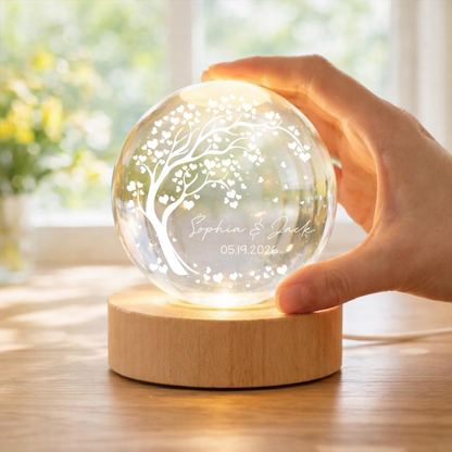 Custom Couple Name And Date Tree Crystal Ball Led Night Light, Custom Wedding Anniversary Night Light WD0855