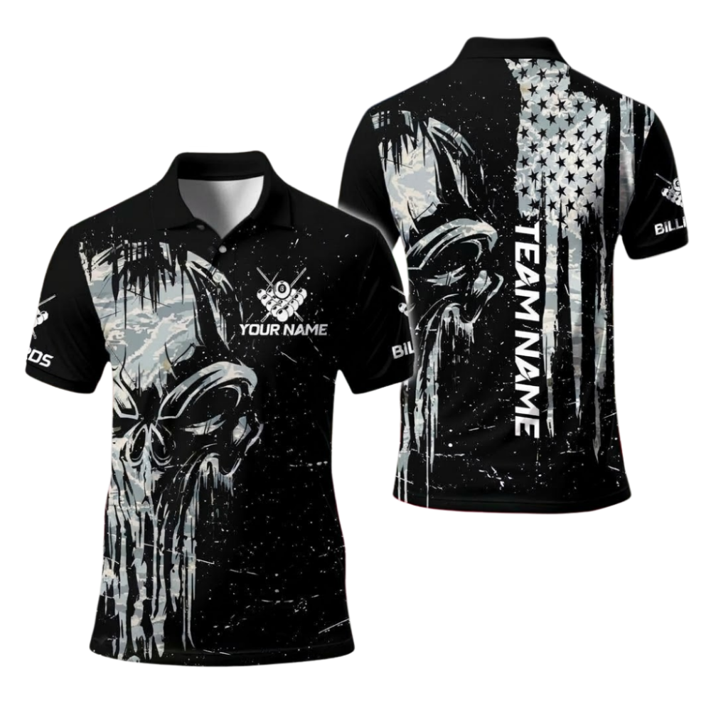 Custom Skull Camo Men's Black Polo 8 Ball Shirts, Custom Skull Billiard Pool Team Shirts BIE0066