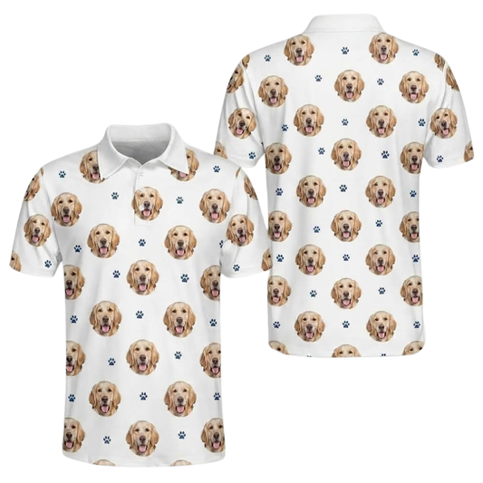 Custom Dog Photo Men's White Golf Polo Shirt, Custom Pet Face Golf Shirt GE0607