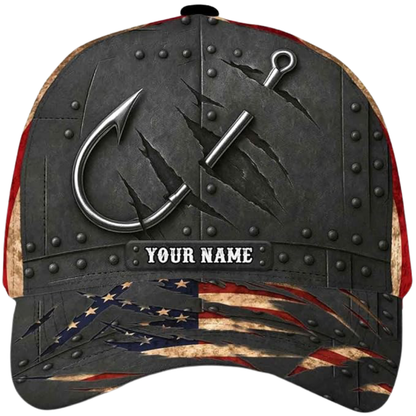 Custom American Flag Hook Fishing 3D Baseball Cap, Custom Fishing Lovers Cap Hats CP0529