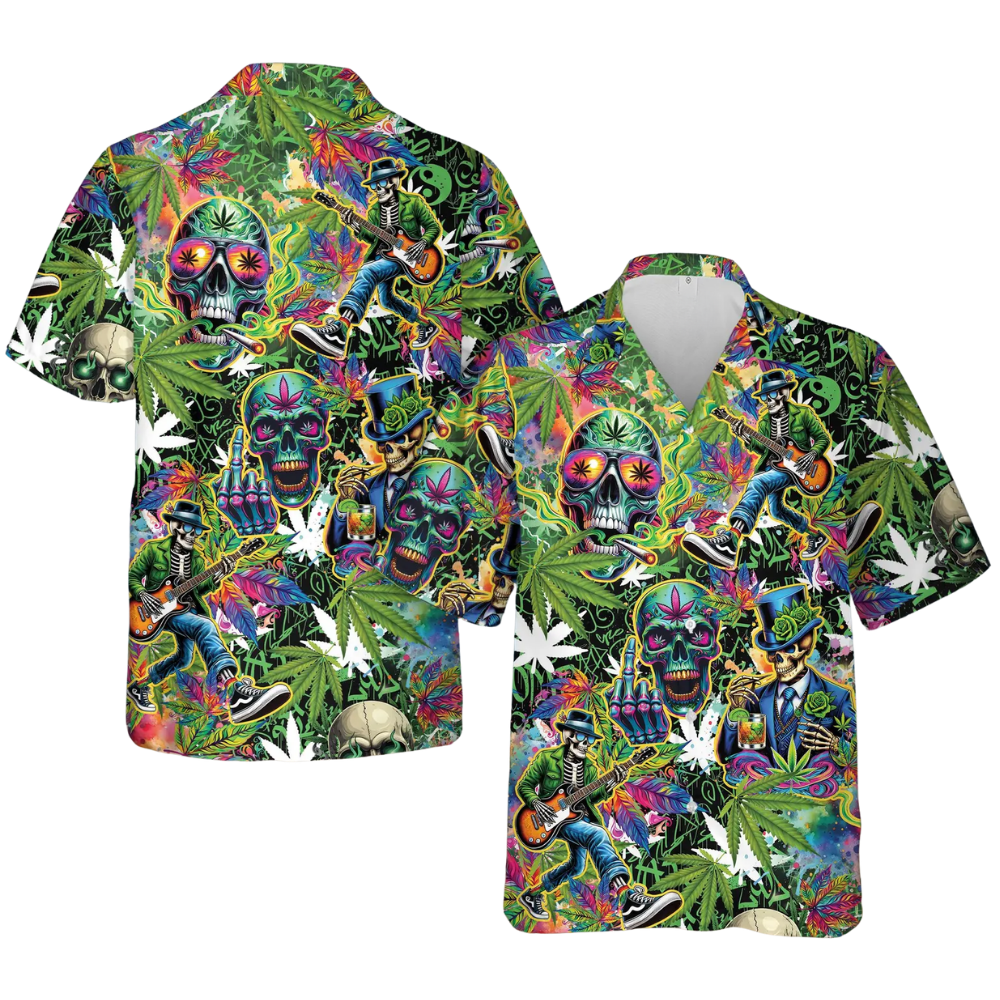 Skeleton Rock And Roll Green Hawaiian Shirt For Men, Skull Hawaiian Shirts HE0585