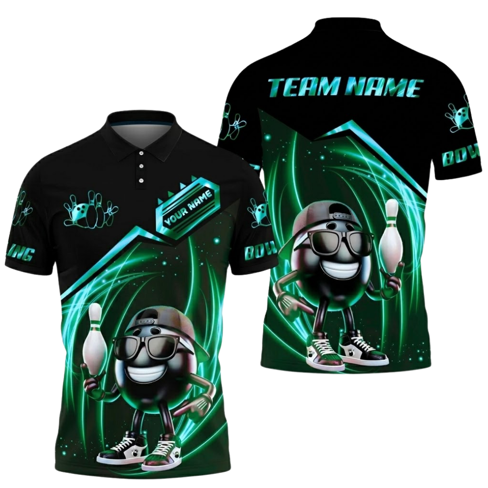 Funny Ball Custom Mens Black Blue Bowling Polo Shirt, Custom Bowling Team Shirts BZ0522