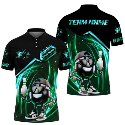 Funny Ball Custom Mens Black Blue Bowling Polo Shirt, Custom Bowling Team Shirts BZ0522