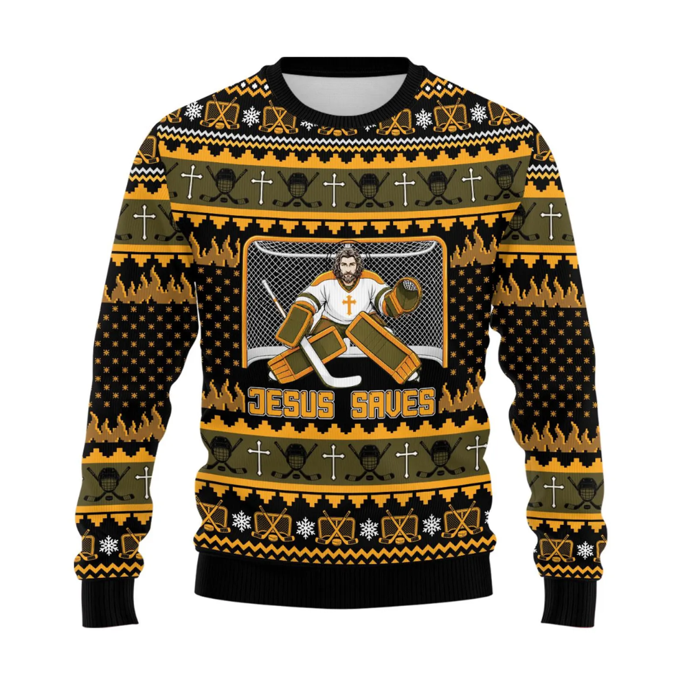 Jesus Saves Hockey Ugly Sweater, Christian Hockey Ugly Sweatshirt For Christmas 2D1237