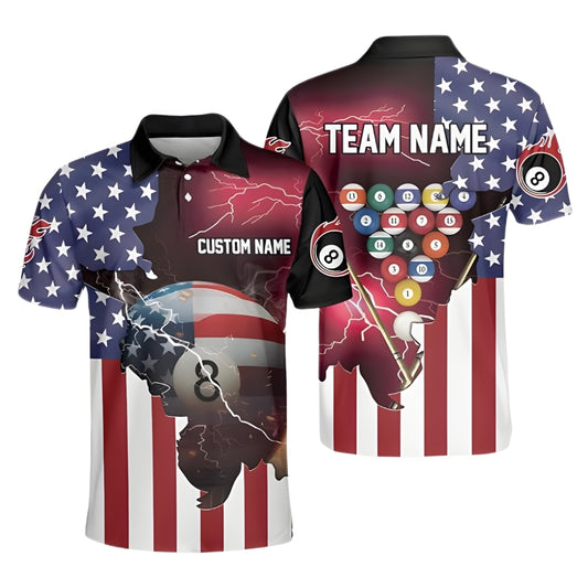 Custom Men's 8 Ball USA Flag Billiard Polo Shirt, Custom Patriotic Billiard Shirts For Team BIZ0232