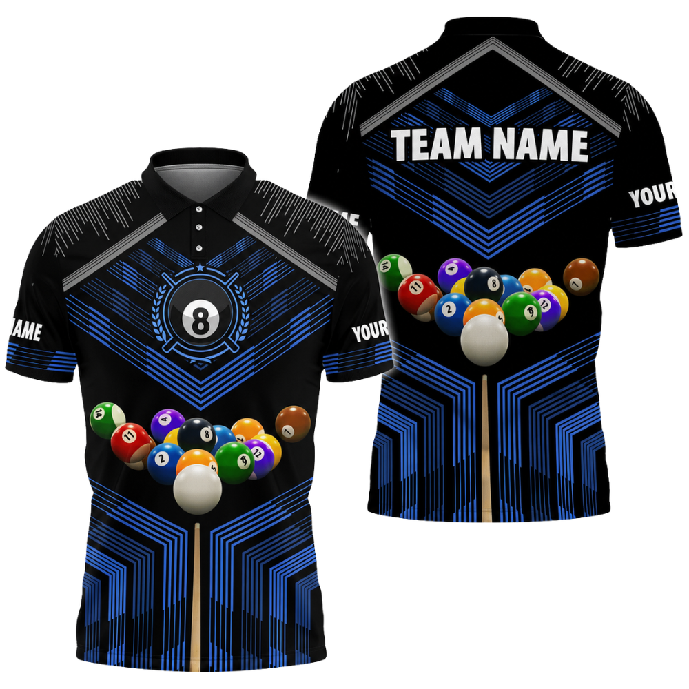 Custom Team 8 Ball Black Blue Billiard Men Polo Shirt, Custom Billiard Team Shirts BIZ0312