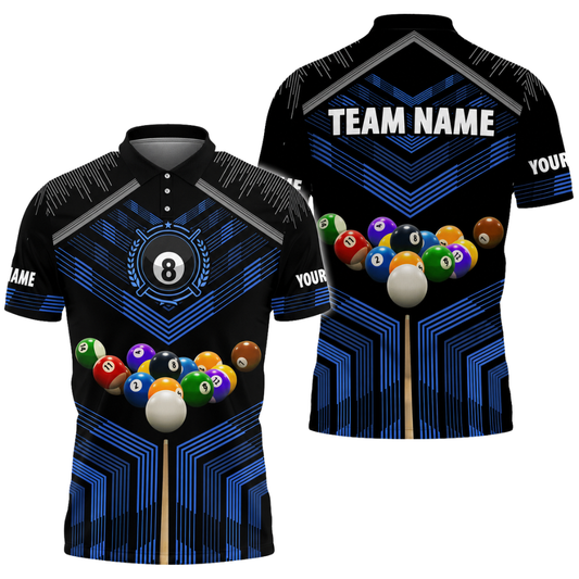 Custom Team 8 Ball Black Blue Billiard Men Polo Shirt, Custom Billiard Team Shirts BIZ0312