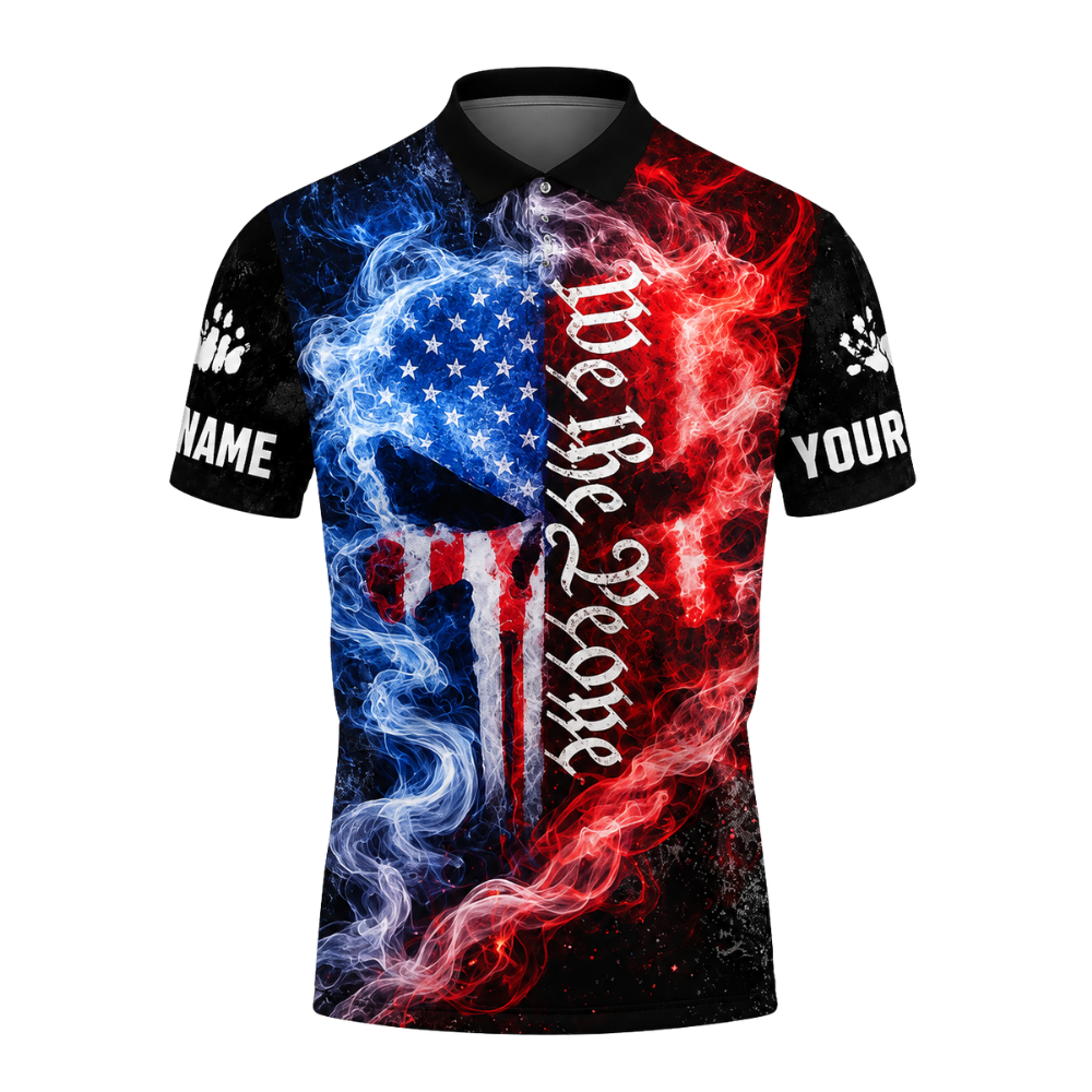 Custom American Flag Smoke Skull Bowling Polo Shirt Men, Custom Patriotic Skull Bowling Team Shirts BZ0441