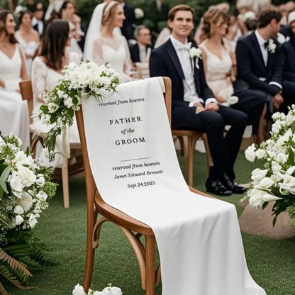 Personalized Reserved From Heaven Father Of The Groom Wedding Chair Sign, Custom Memorial Wedding Chair Banner WD0332