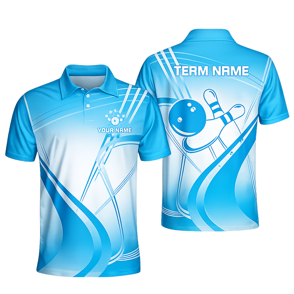 Custom Team Cyan And White Bowling Polo Shirt For Men, Custom Bowling Shirts BZ0450