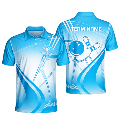 Custom Team Cyan And White Bowling Polo Shirt For Men, Custom Bowling Shirts BZ0450