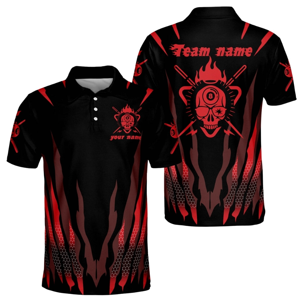 Red And Black Custom Grunge Skull Billiard Polo Shirts For Men, Custom Skull Billiard Team Shirts BIZ0159