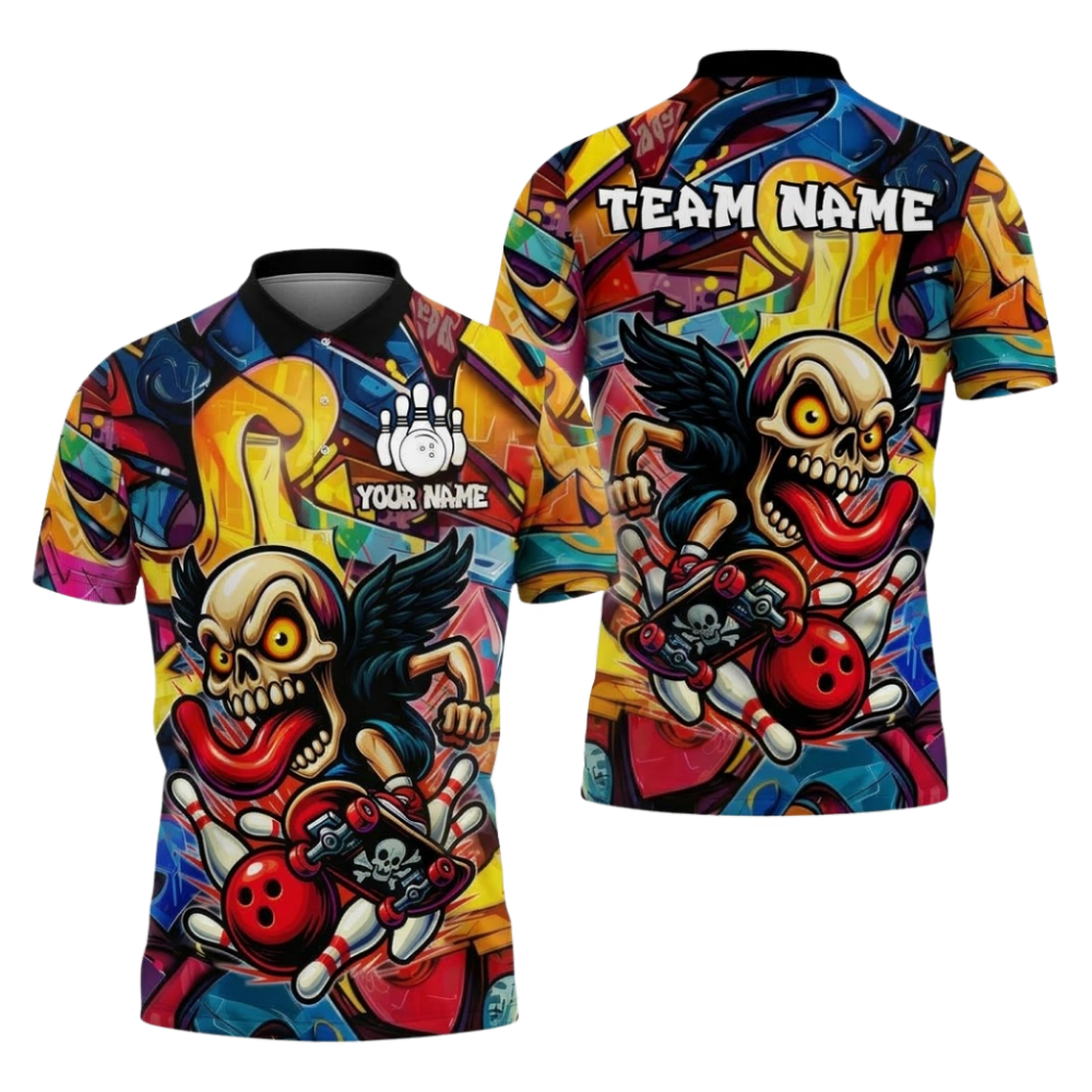 Custom Skull Graffiti Bowling Polo Shirt For Men, Custom Skull Bowling Team Shirt BZ1098