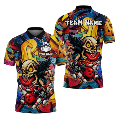 Custom Skull Graffiti Bowling Polo Shirt For Men, Custom Skull Bowling Team Shirt BZ1098