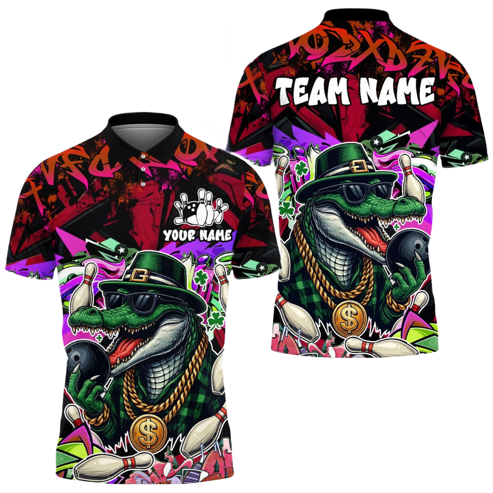 Custom Funny Crocodile Bowling Mens Polo Shirt Green, Custom Crocodile Bowling Team Shirts BE0207