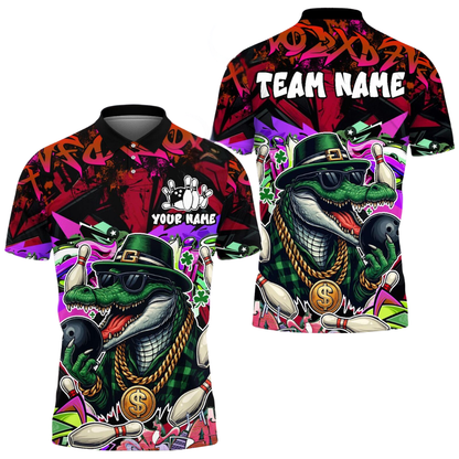 Custom Funny Crocodile Bowling Mens Polo Shirt Green, Custom Crocodile Bowling Team Shirts BE0207
