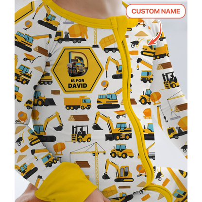 Personalized Excavator Baby Convertible Zippy Romper, Custom Construction Baby Romper Convertible BB0657