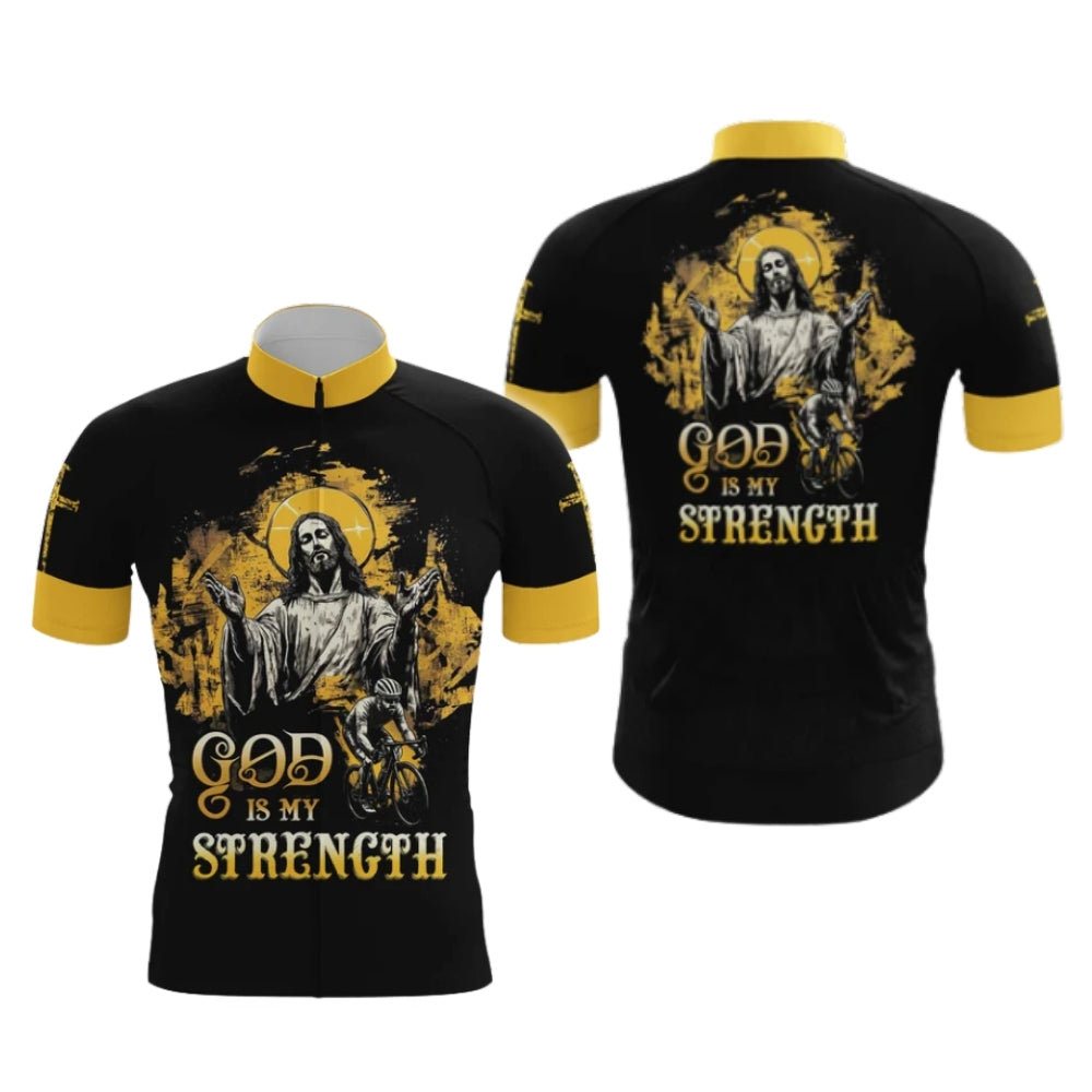 God Is My Strength Black And Yellow Cycling Short Sleeve Jersey Mens, God Christian Cycling Jerseys CG0530