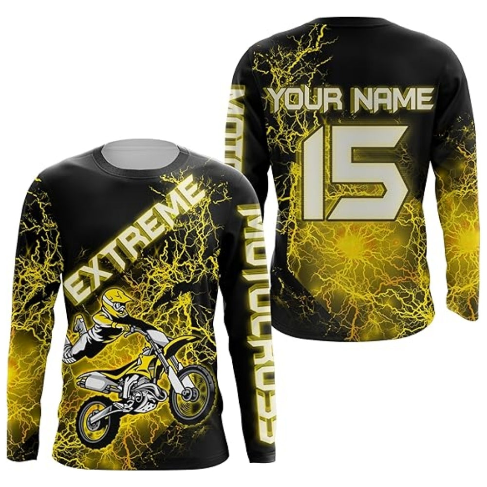 Custom Thunder Lightning Green Motocross Long Sleeve Men Jersey, Custom Thunder Motocross Shirts MZ0054