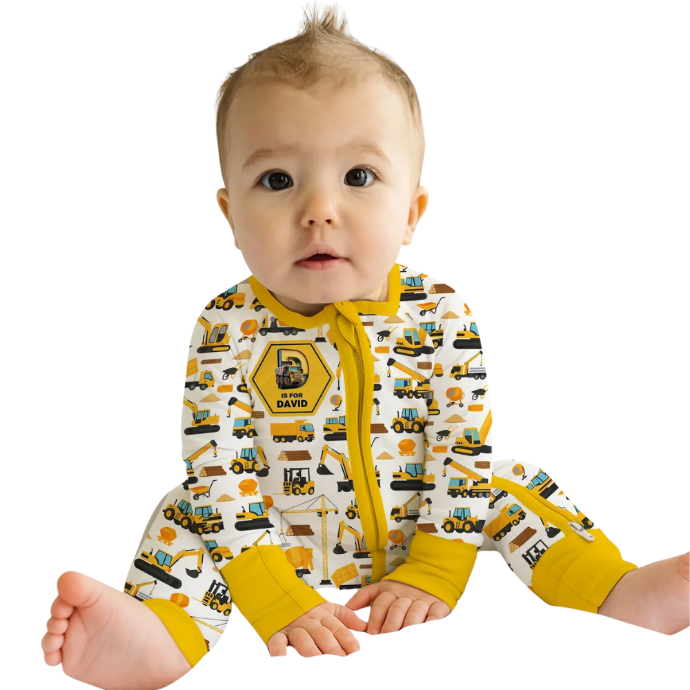 Personalized Excavator Baby Convertible Zippy Romper, Custom Construction Baby Romper Convertible BB0657