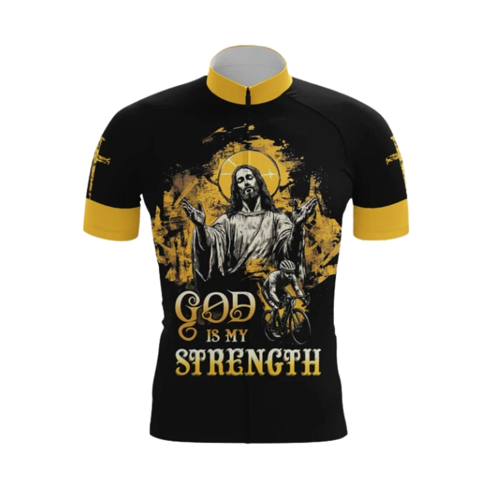 God Is My Strength Black And Yellow Cycling Short Sleeve Jersey Mens, God Christian Cycling Jerseys CG0530